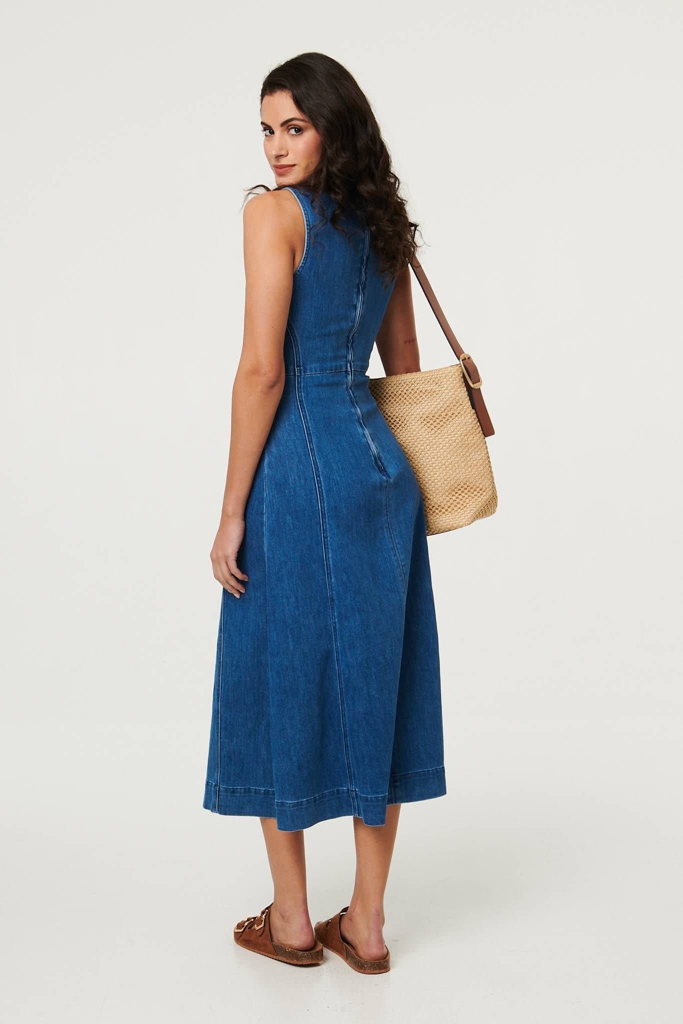 Izabel London Izabel London Women's Denim Stitch Detail Fitted Midi Dress in Blue