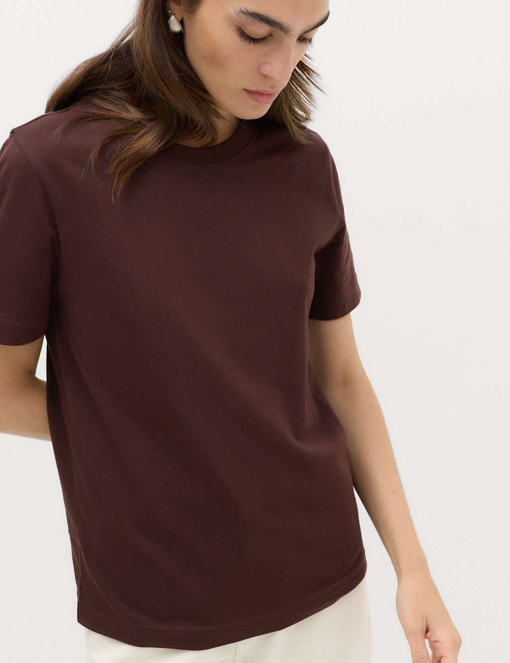 Marks & Spencer M&S Pure Cotton Everyday Crew Neck T-Shirt Dark Chocolate