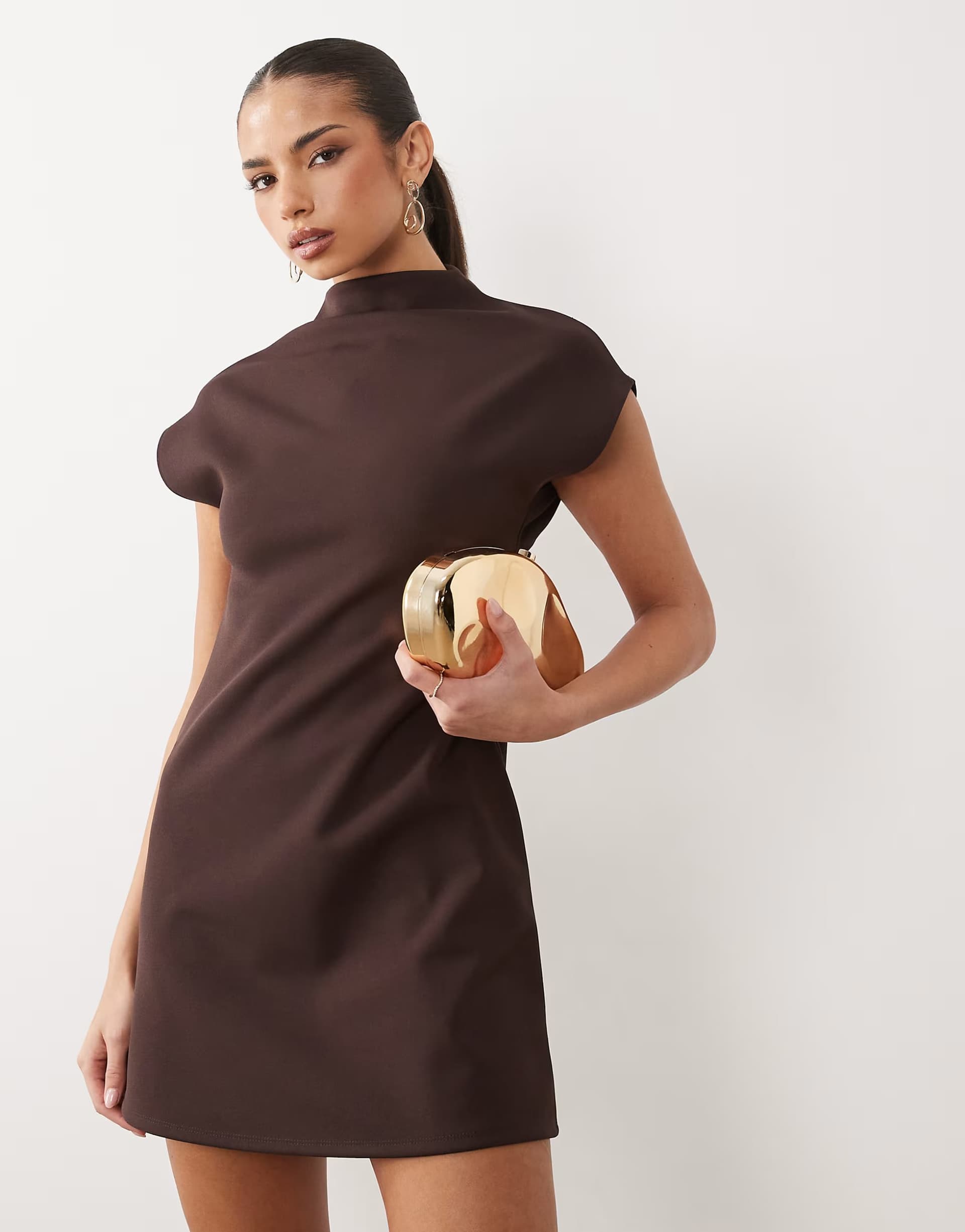 ASOS ASOS DESIGN high neck grown on sleeve bonded crepe mini dress in chocolate