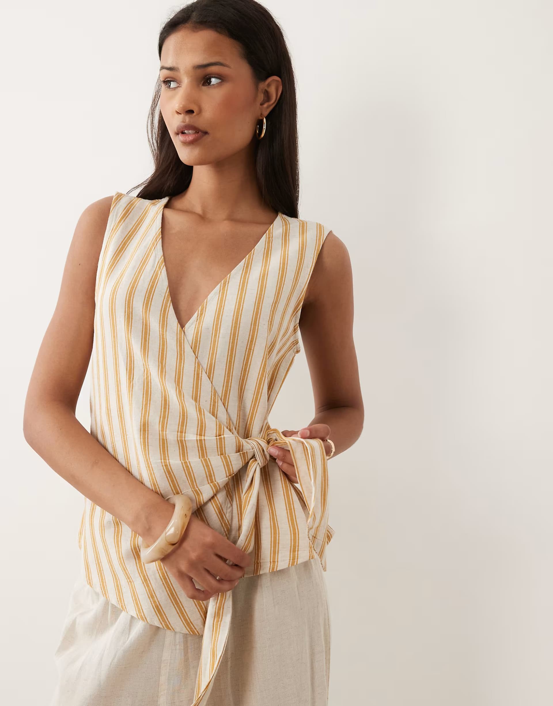 ASOS Vila linen touch tie front sleeveless top in amber gold stripe