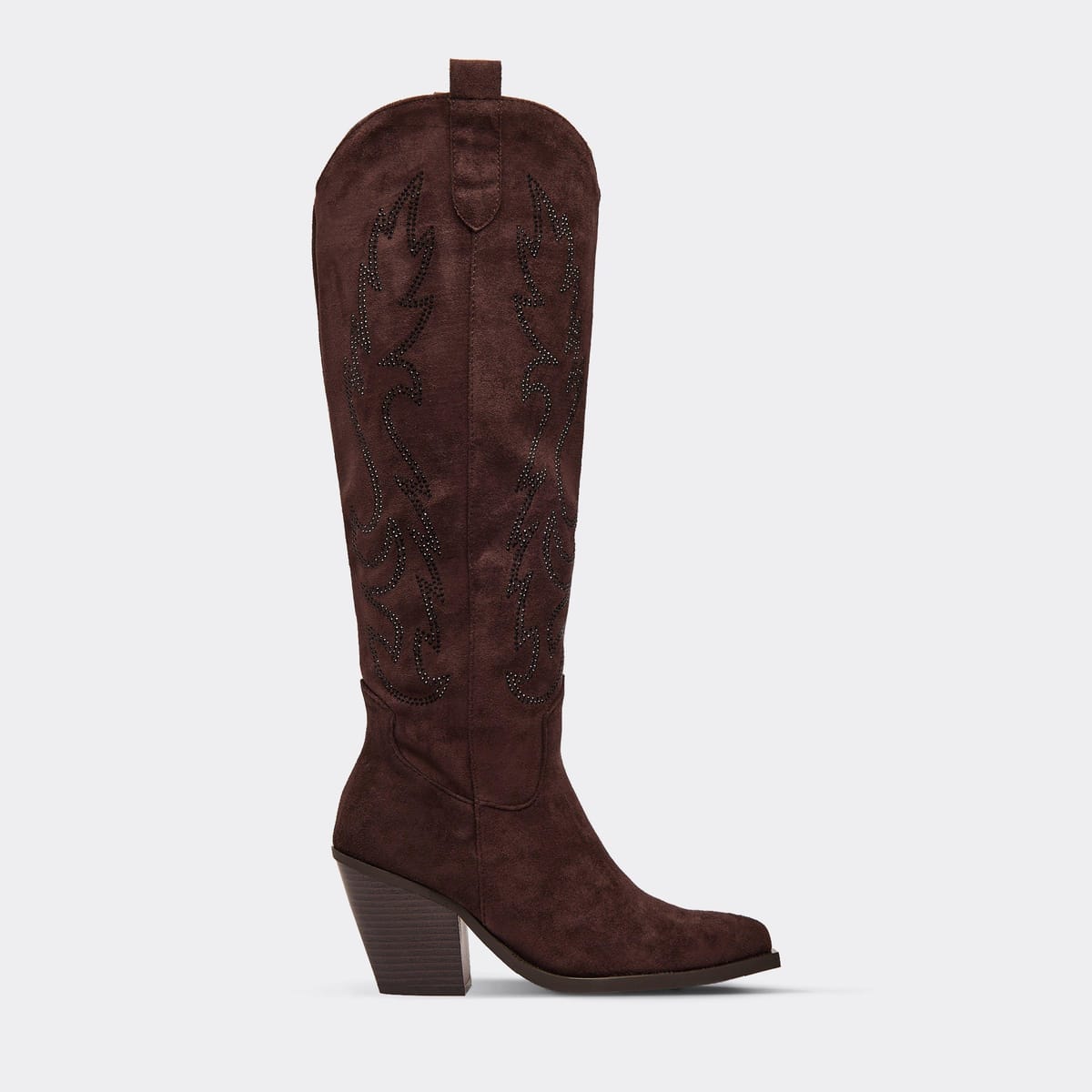 EGO Rachie Embroidered Detail Knee High Western Cowboy Boot In Brown Faux Suede, Women's Size UK 3 - 1