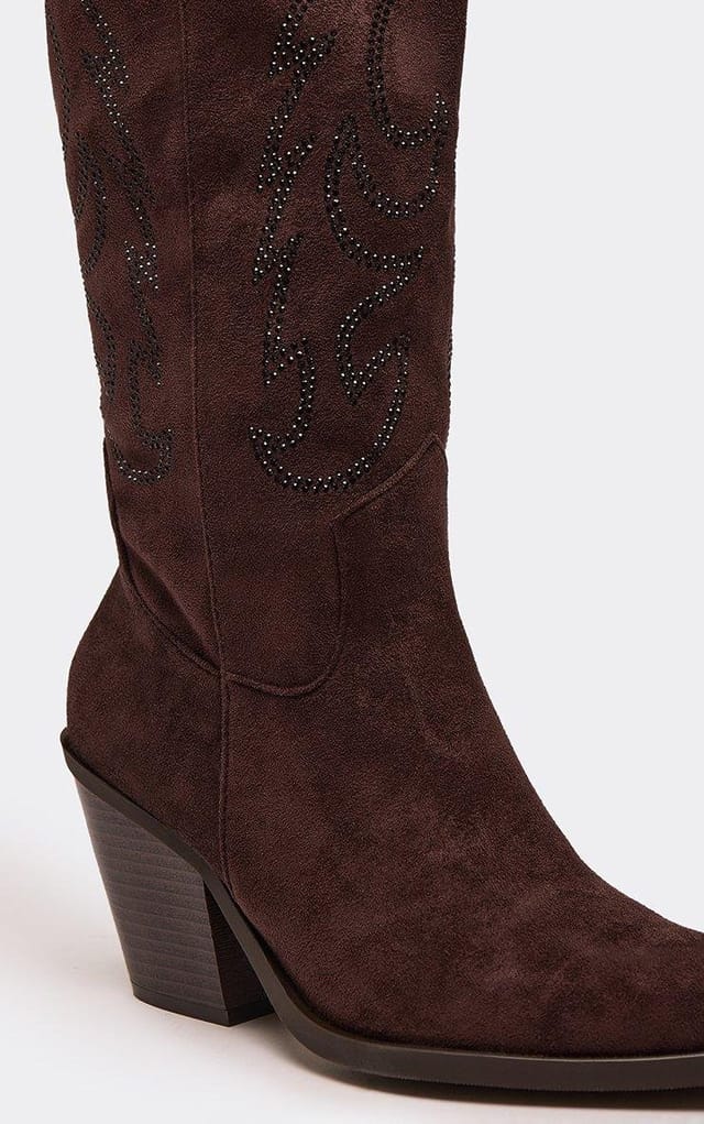 EGO Rachie Embroidered Detail Knee High Western Cowboy Boot In Brown Faux Suede, Women's Size UK 3 - 2