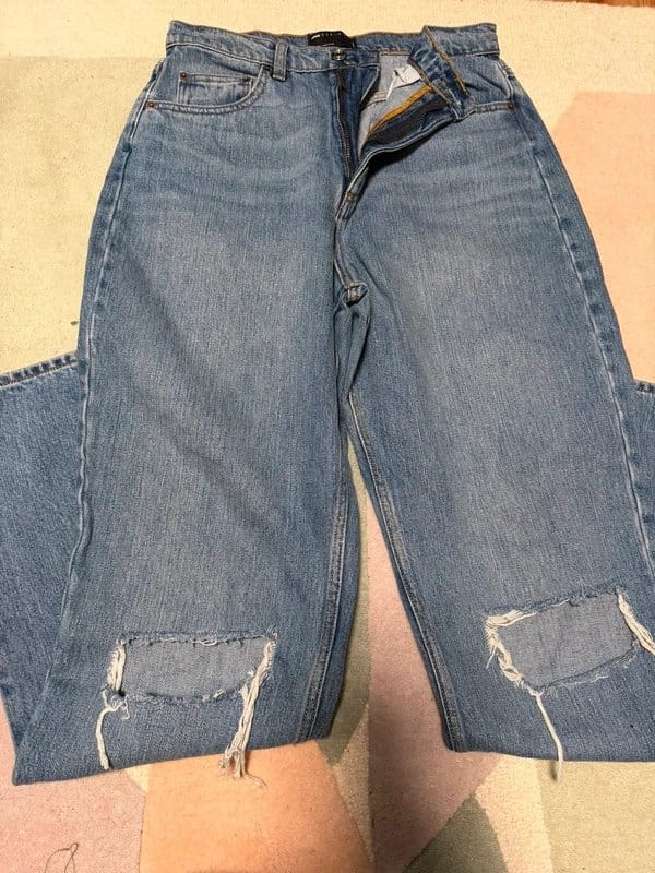 ASOS Blue High-Waisted Straight Leg Dad Jeans with Knee Rips