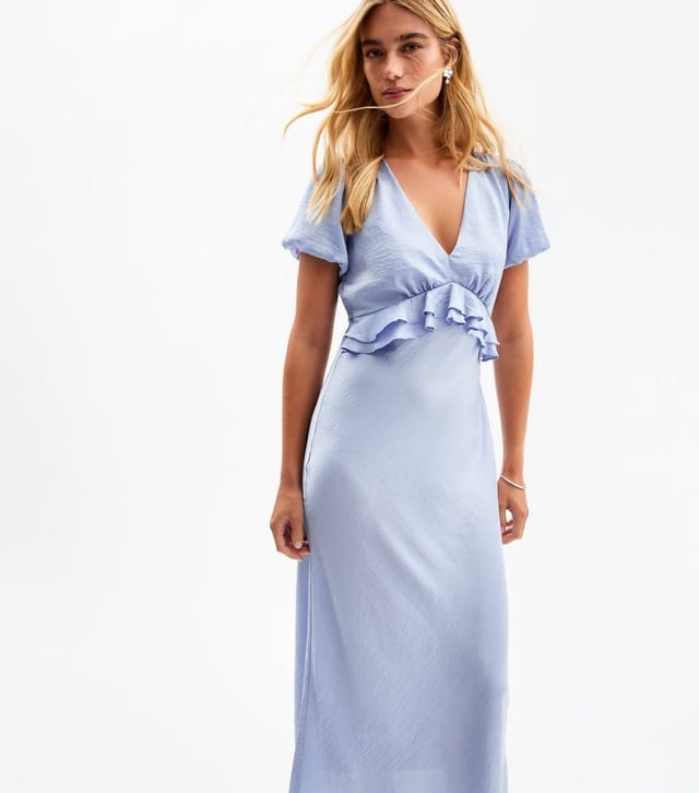 New Look Women's Blue V-Neck Satin Ruffled Midi Dress New Look - 3