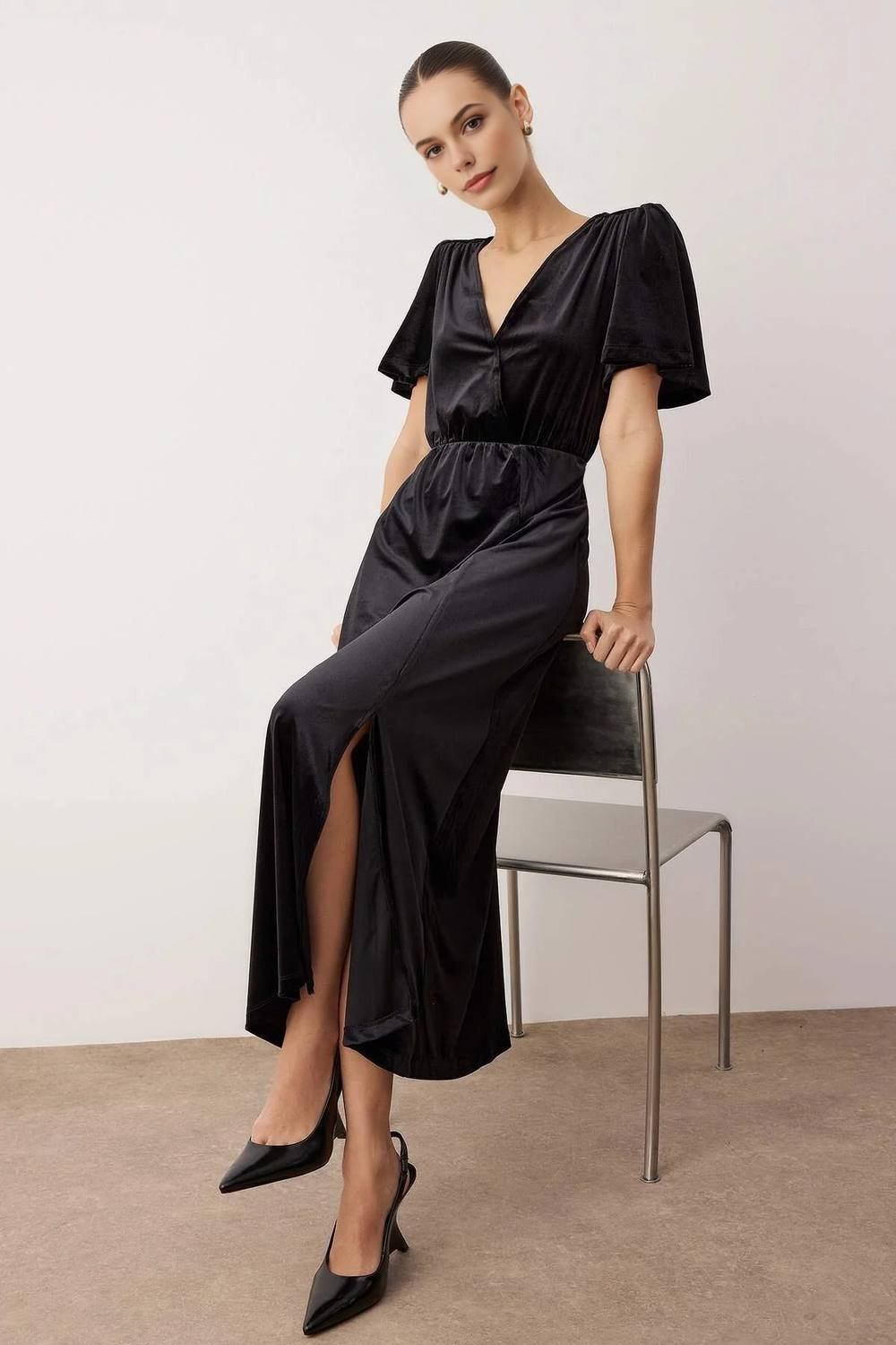 WOVCOR WOVCOR Women's Wrap V-Neck Midi Knitted Dress with Soft Velvet Touch in Black - 2