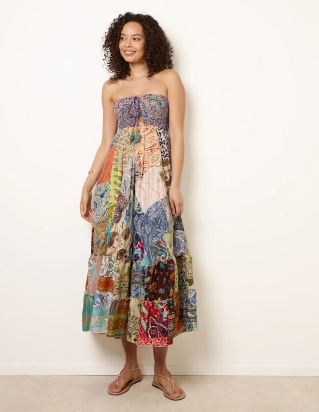 Blue Vanilla Shirred Patchwork Art Bandeau Dress - 3