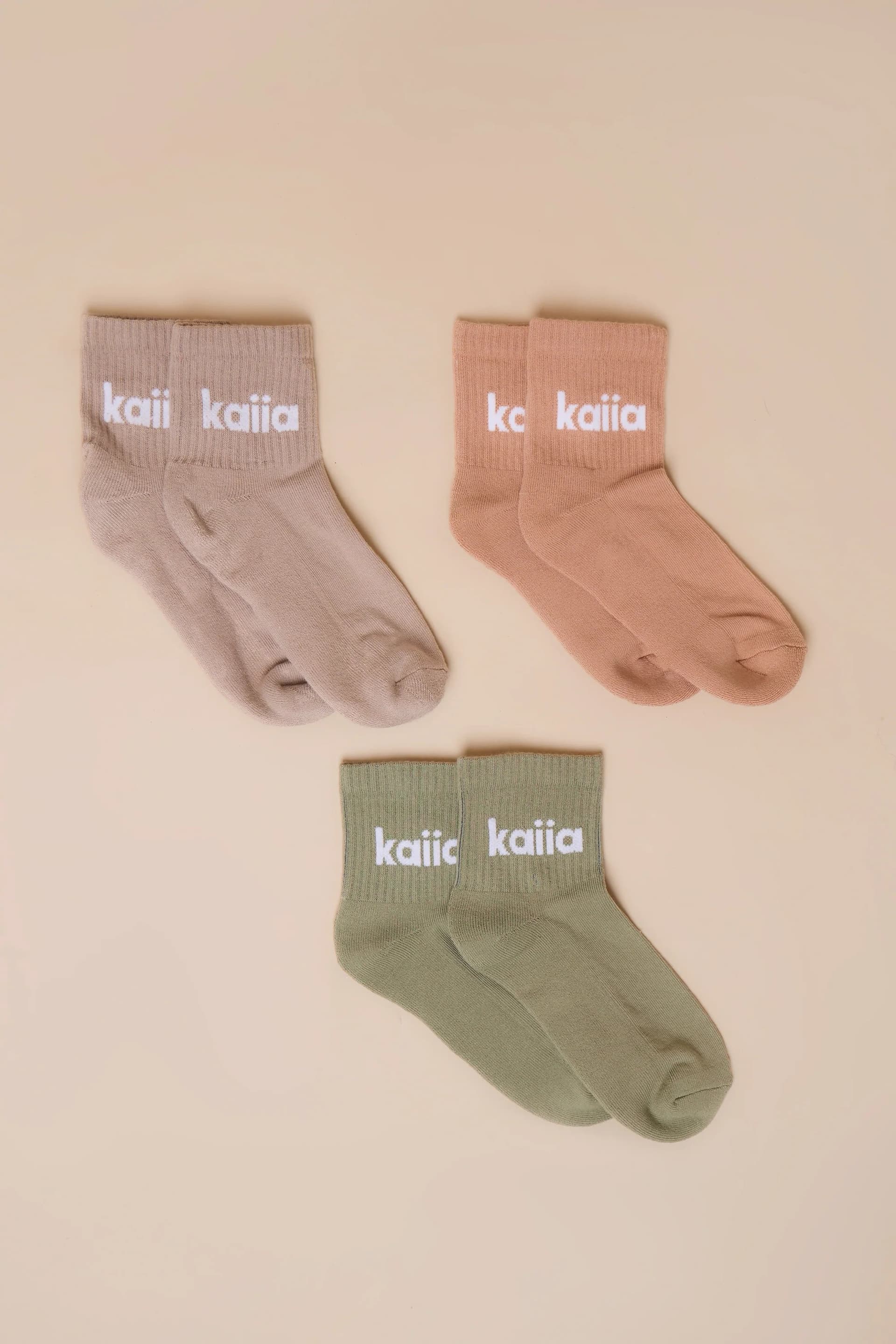 Kaiia Pack of Three Kaiia Logo Socks Chalk, Eucalyptus & Clay Pink