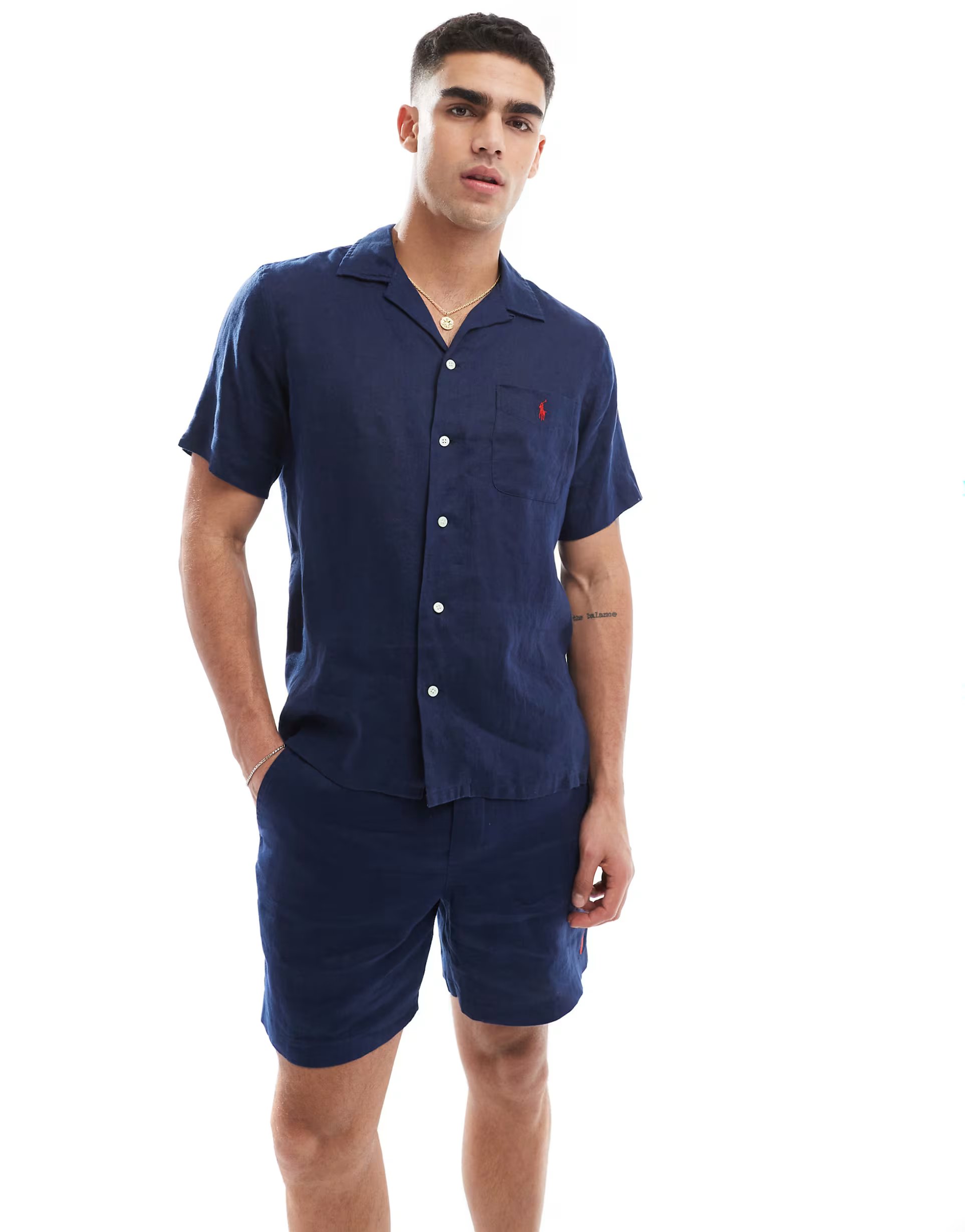 ASOS Polo Ralph Lauren icon logo short sleeve revere collar linen shirt classic oversized fit in navy CO-ORD - 1