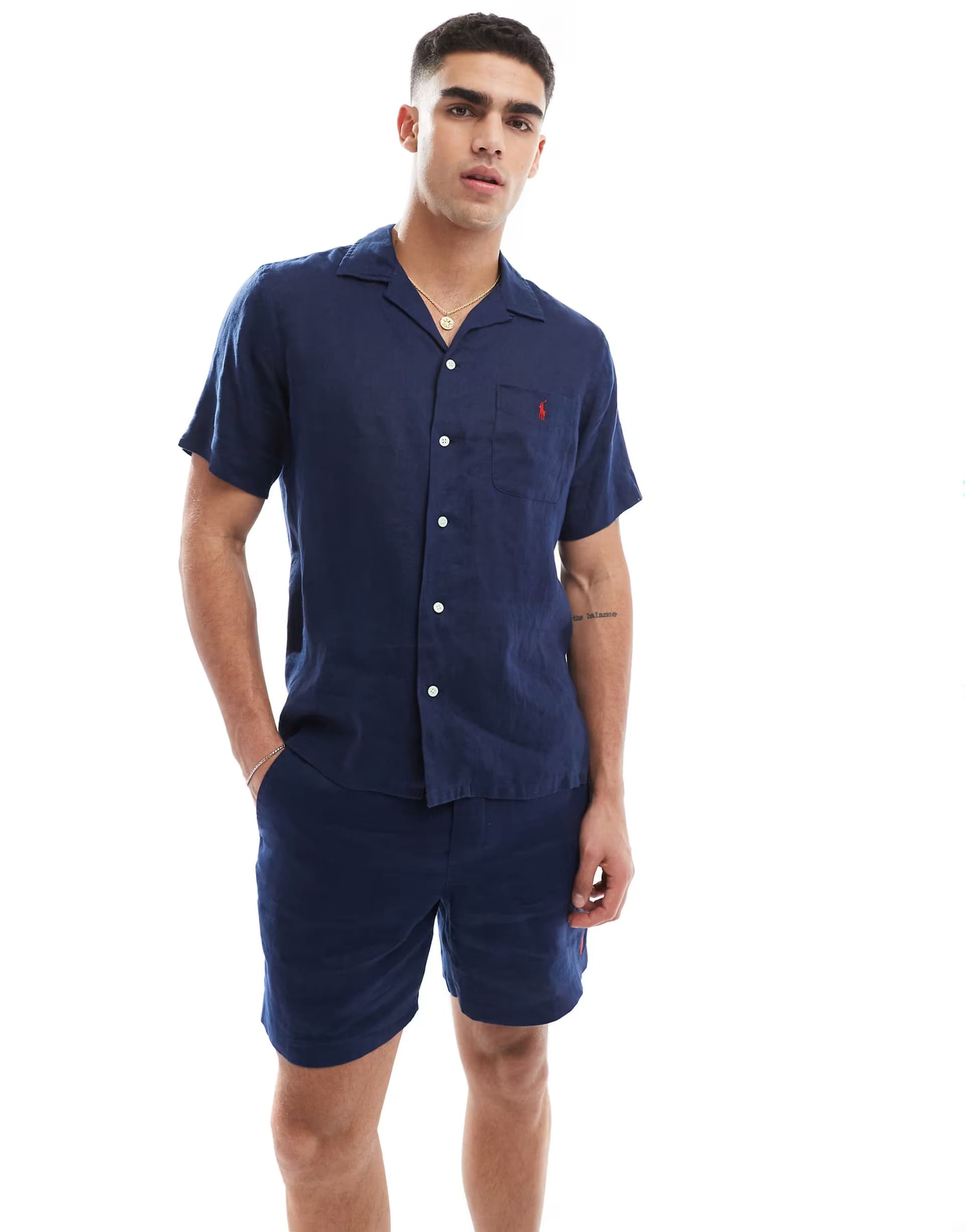 ASOS Polo Ralph Lauren icon logo short sleeve revere collar linen shirt classic oversized fit in navy CO-ORD