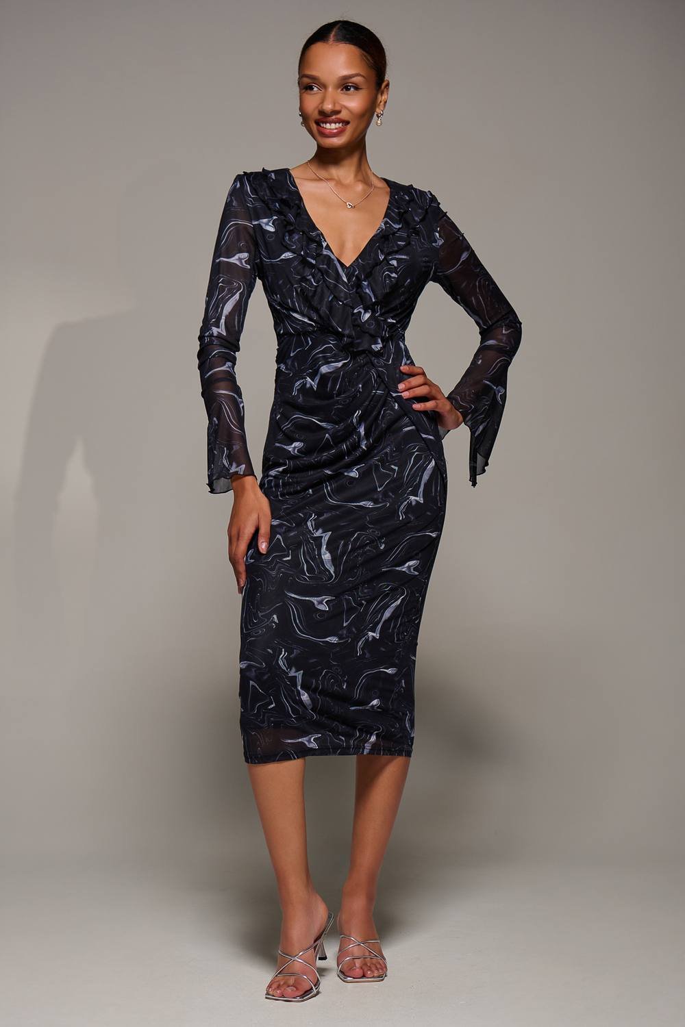 Jolie Moi Jolie Moi Women's Ruffle V-Neckline Mesh Bodycon Midaxi Dress in Black - 3