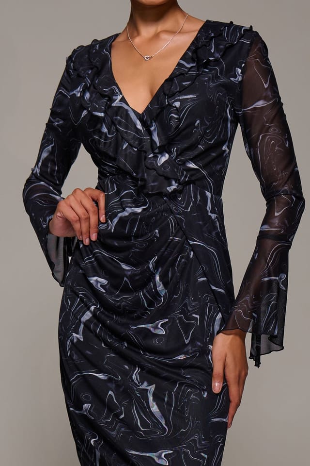 Jolie Moi Jolie Moi Women's Ruffle V-Neckline Mesh Bodycon Midaxi Dress in Black - 3