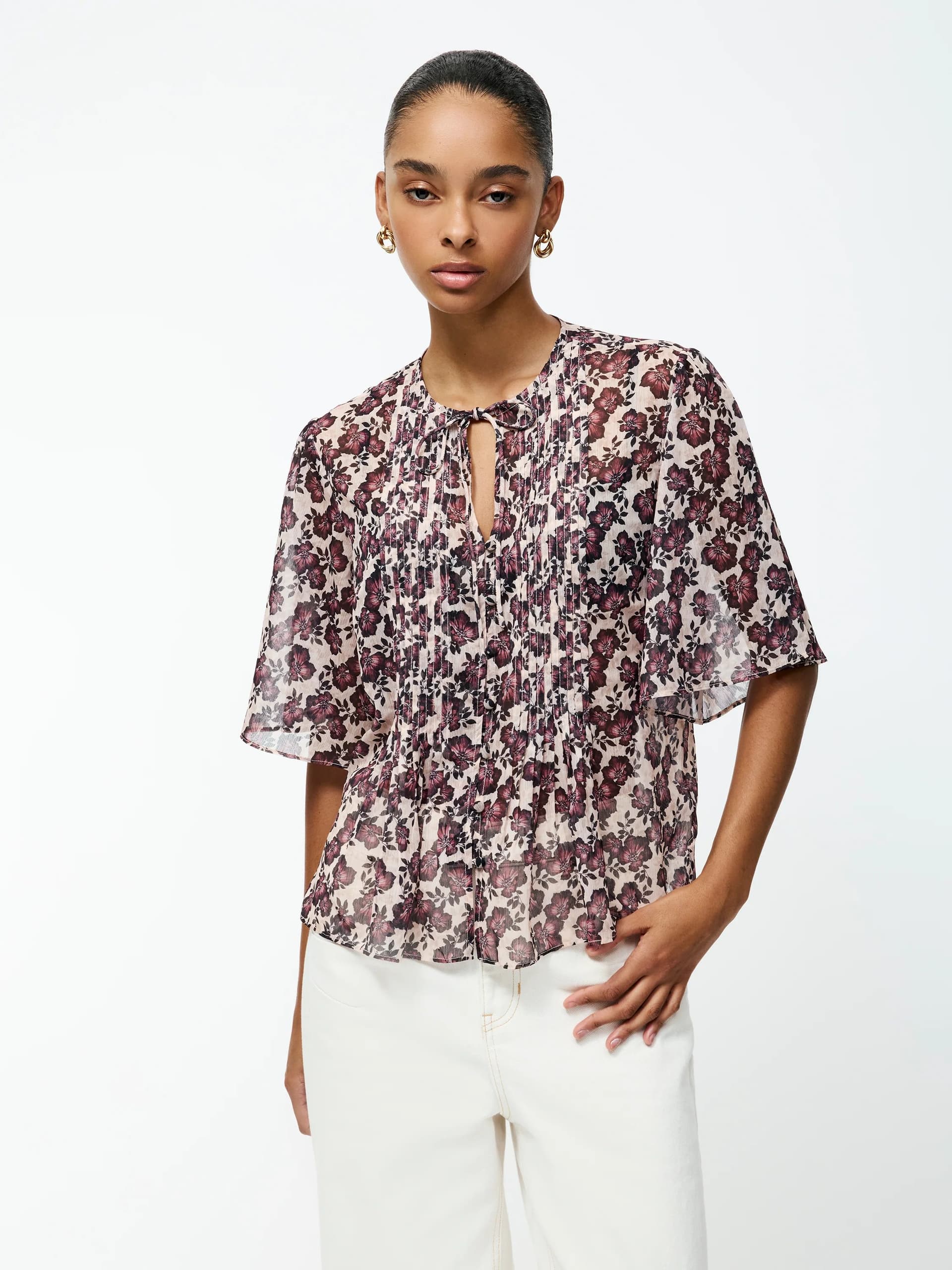 French Connection Elyse Hallie Crinkle Short Sleeve Top Blush Pink Floral