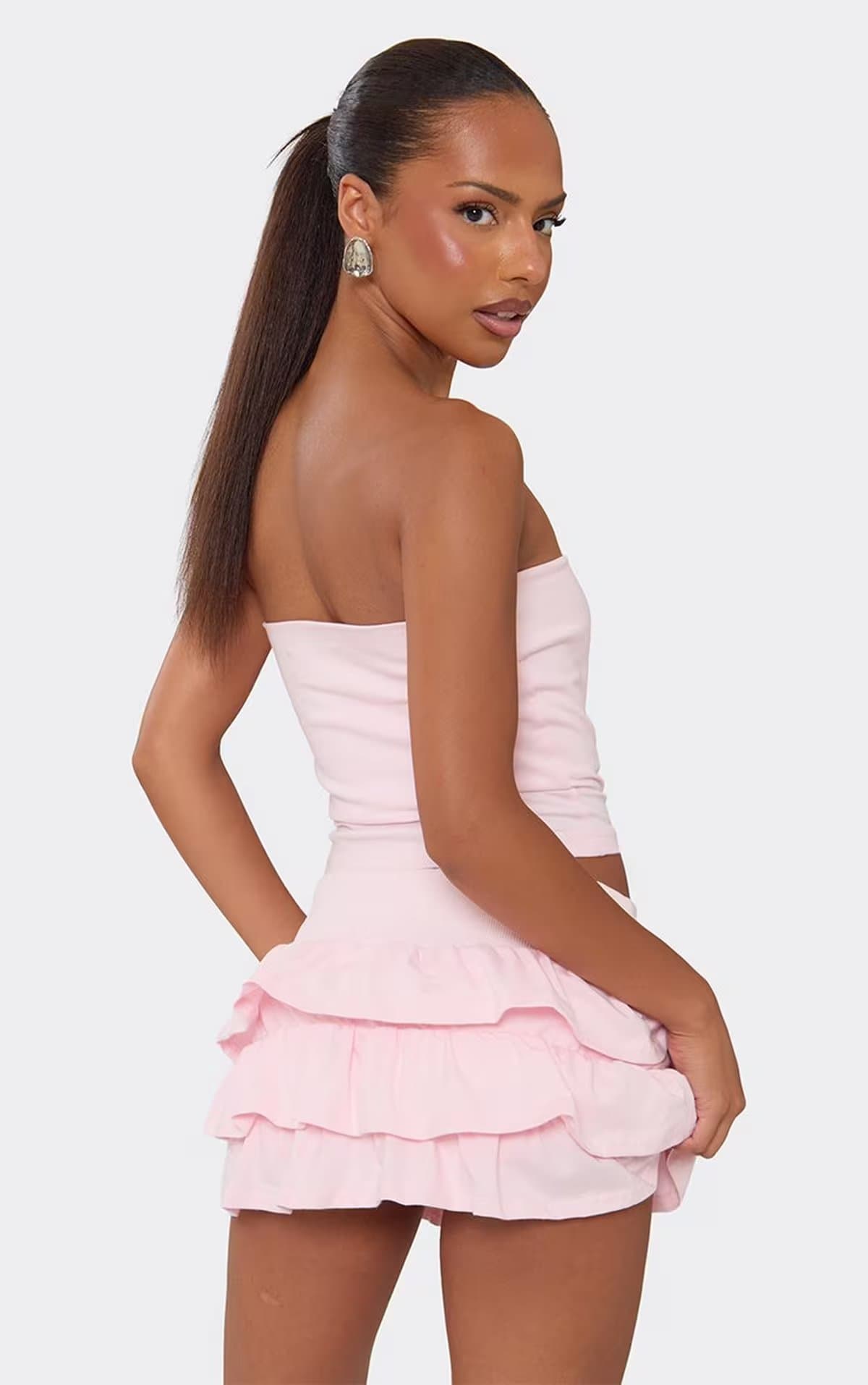 EGO Frill Mini Skirt In Pink Cotton Jersey, Women's Size UK 6