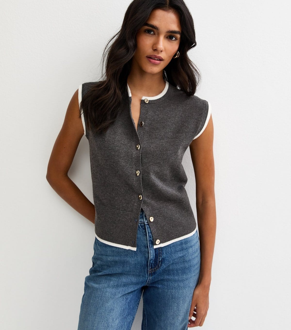 Women's Dark Grey Contrast Trim Knit Waistcoat New Look