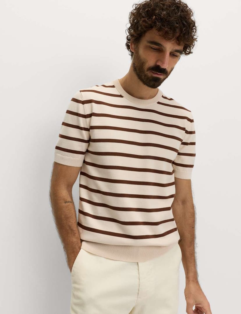 Marks & Spencer M&S Cotton Rich Striped Knitted T-Shirt Conker - 1