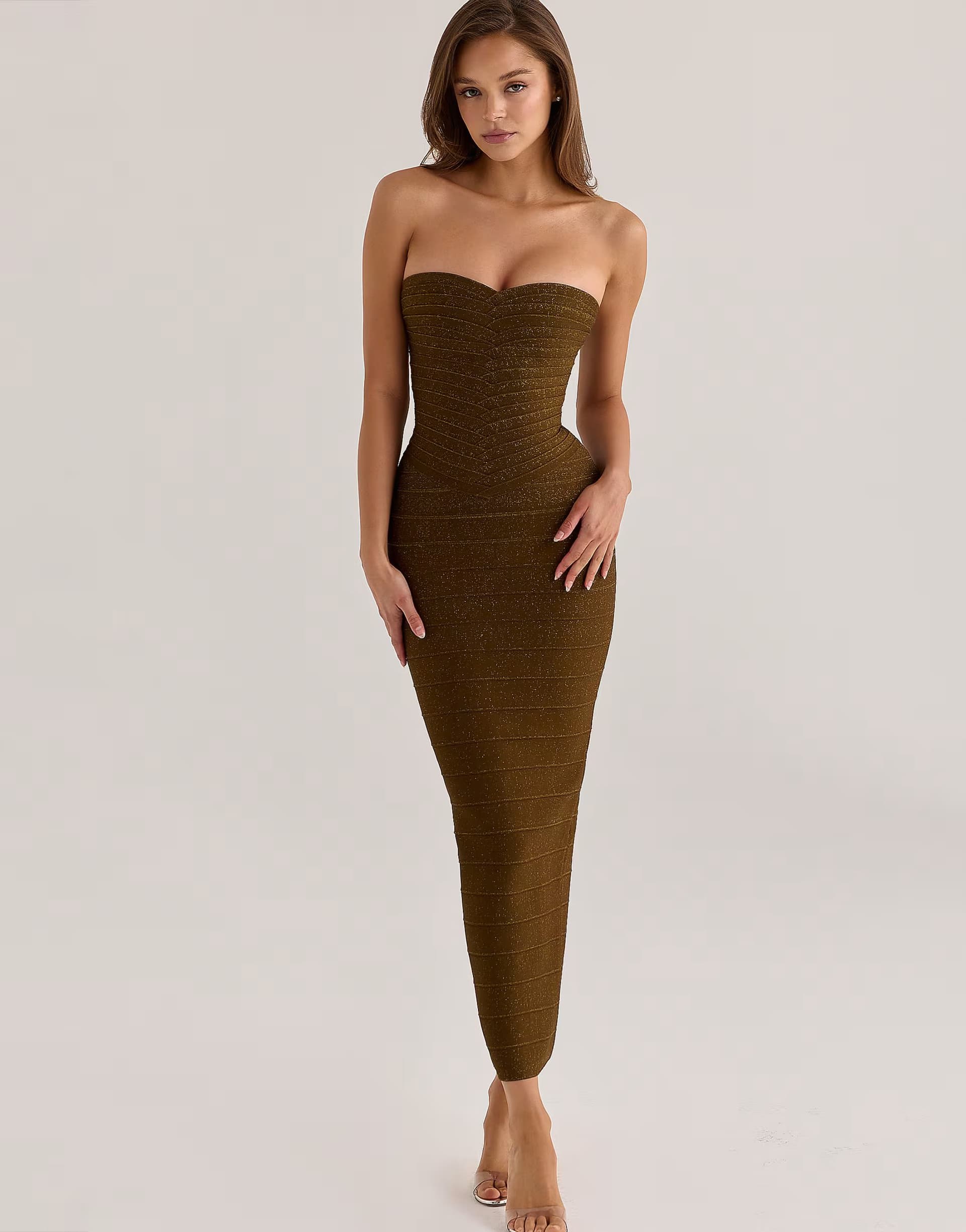 ASOS House of CB The sweetheart olive shimmer strapless v waist bandage maxi dress in olive