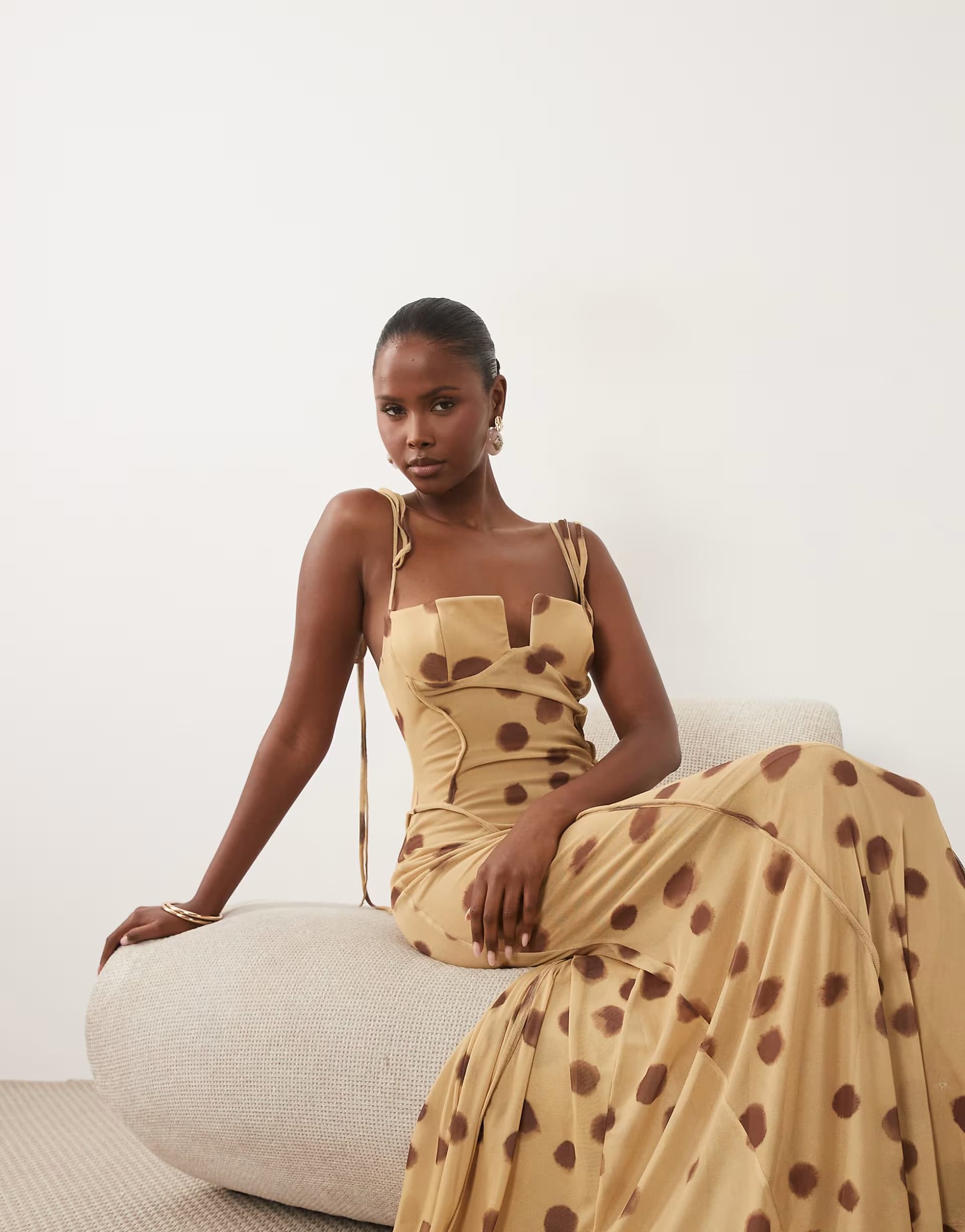 ASOS ASOS DESIGN mesh exposed seam sculpted cupped maxi dress in blurred polka dot