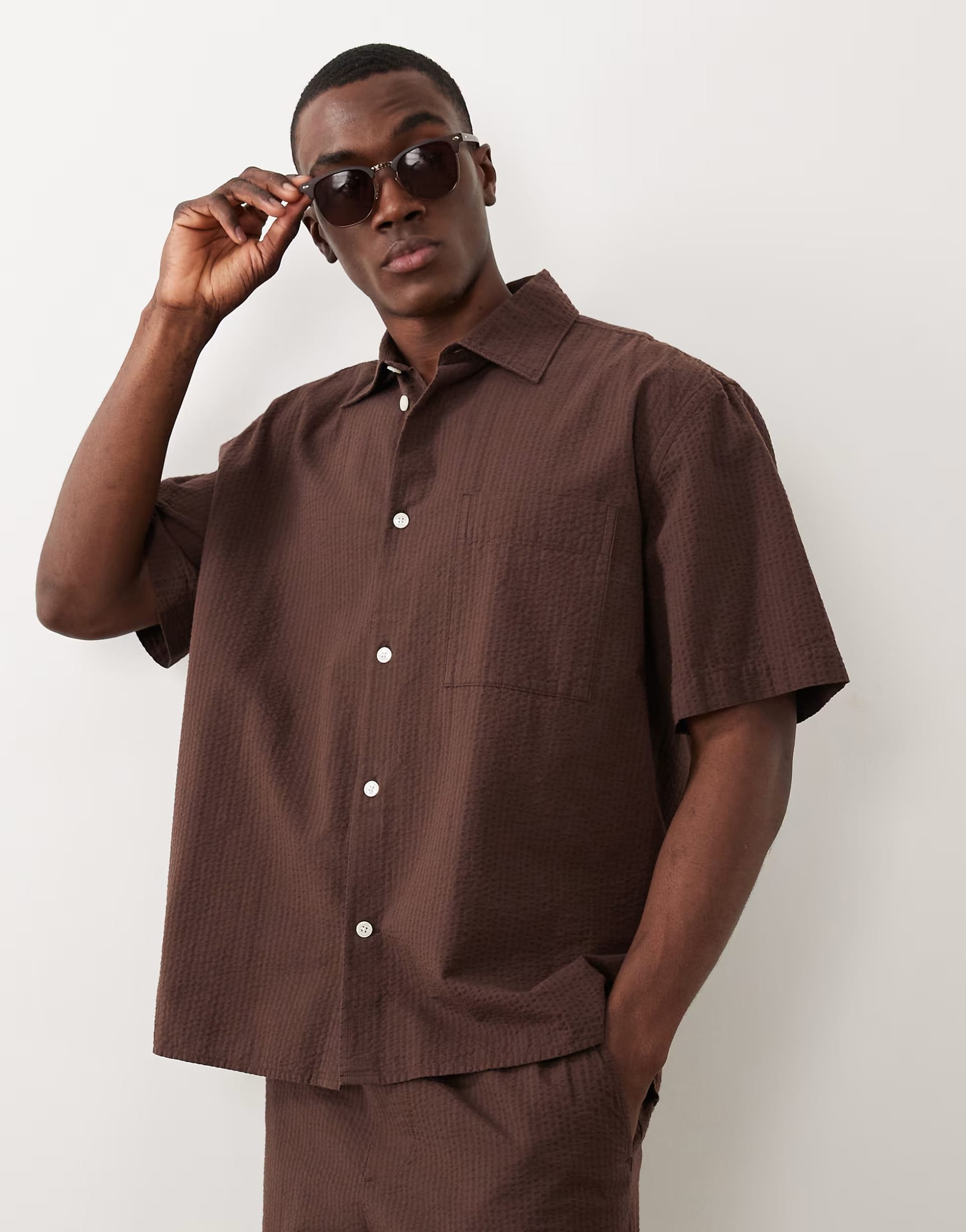 ASOS Brown Seersucker Co-ord Short Sleeve Shirt