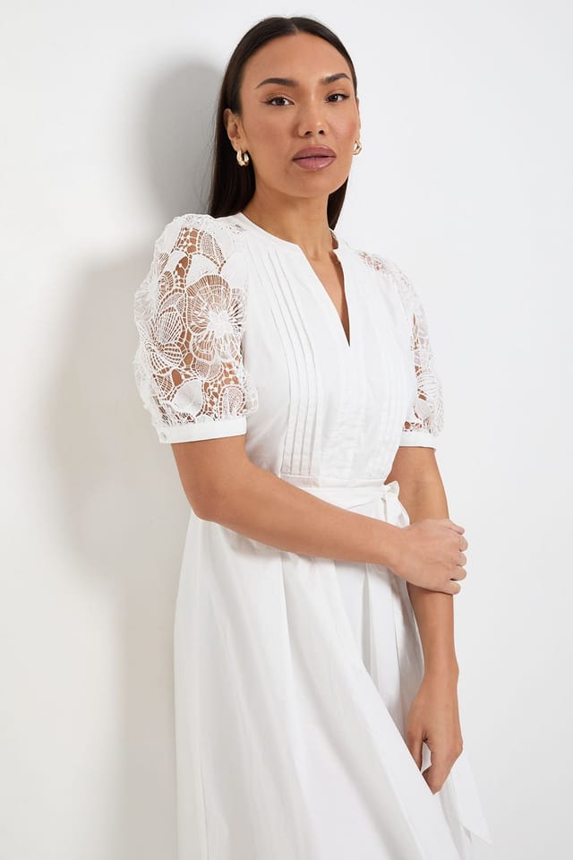 Wallis Wallis Women's Petite Cotton Lace Belted Midi Dress in Ivory - 2