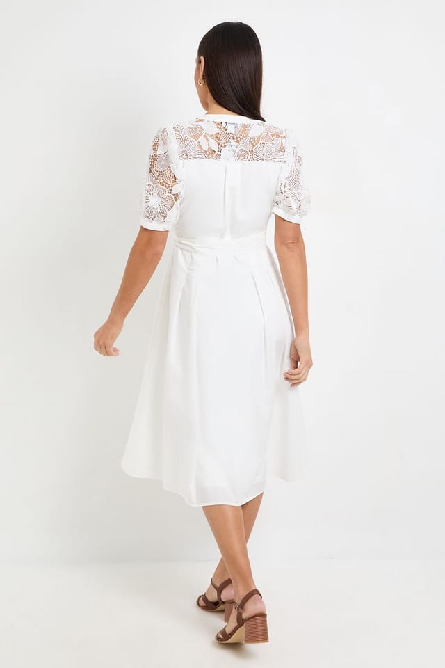 Wallis Wallis Women's Petite Cotton Lace Belted Midi Dress in Ivory - 3