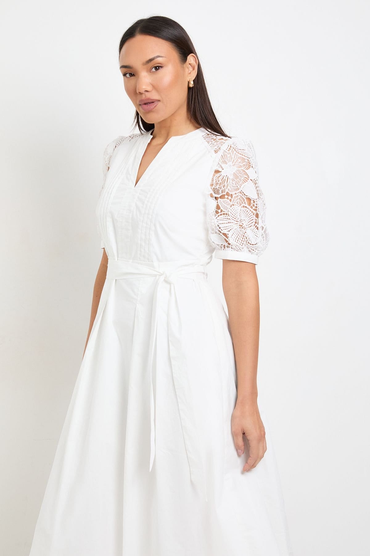 Wallis Wallis Women's Petite Cotton Lace Belted Midi Dress in Ivory - 4
