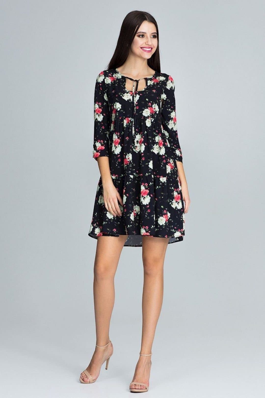 Love Lace Love Lace Women's Trapeze Ruffle Neck Daydress with Sleeves in Black
