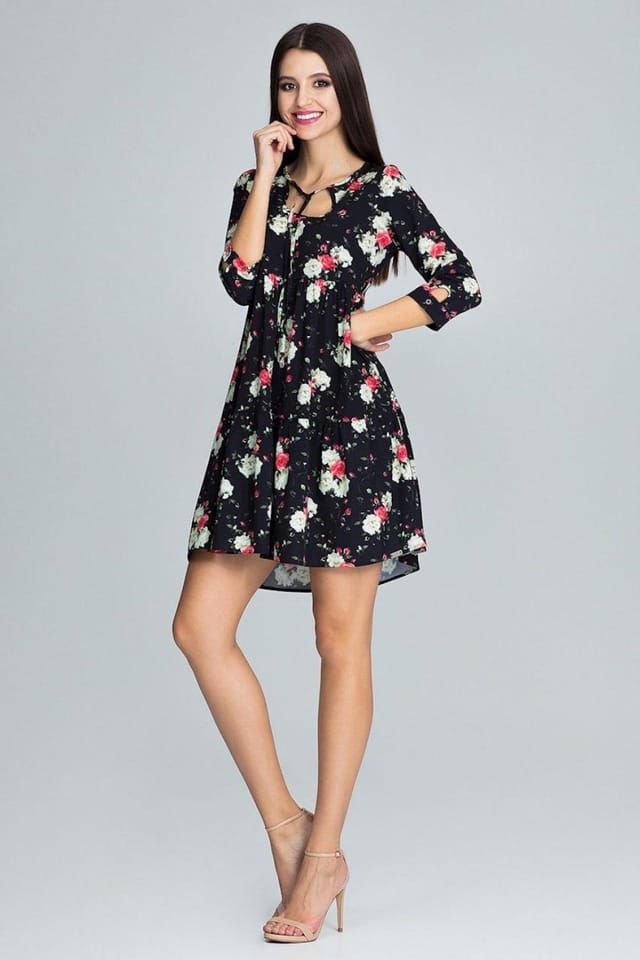 Love Lace Love Lace Women's Trapeze Ruffle Neck Daydress with Sleeves in Black - 2