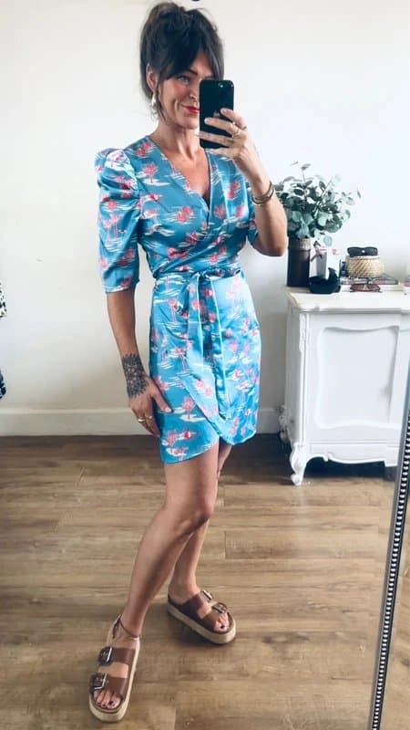 Never Fully Dressed Never Fully Dressed blue pink satin feel shell tree print wrap mini dress size 8
