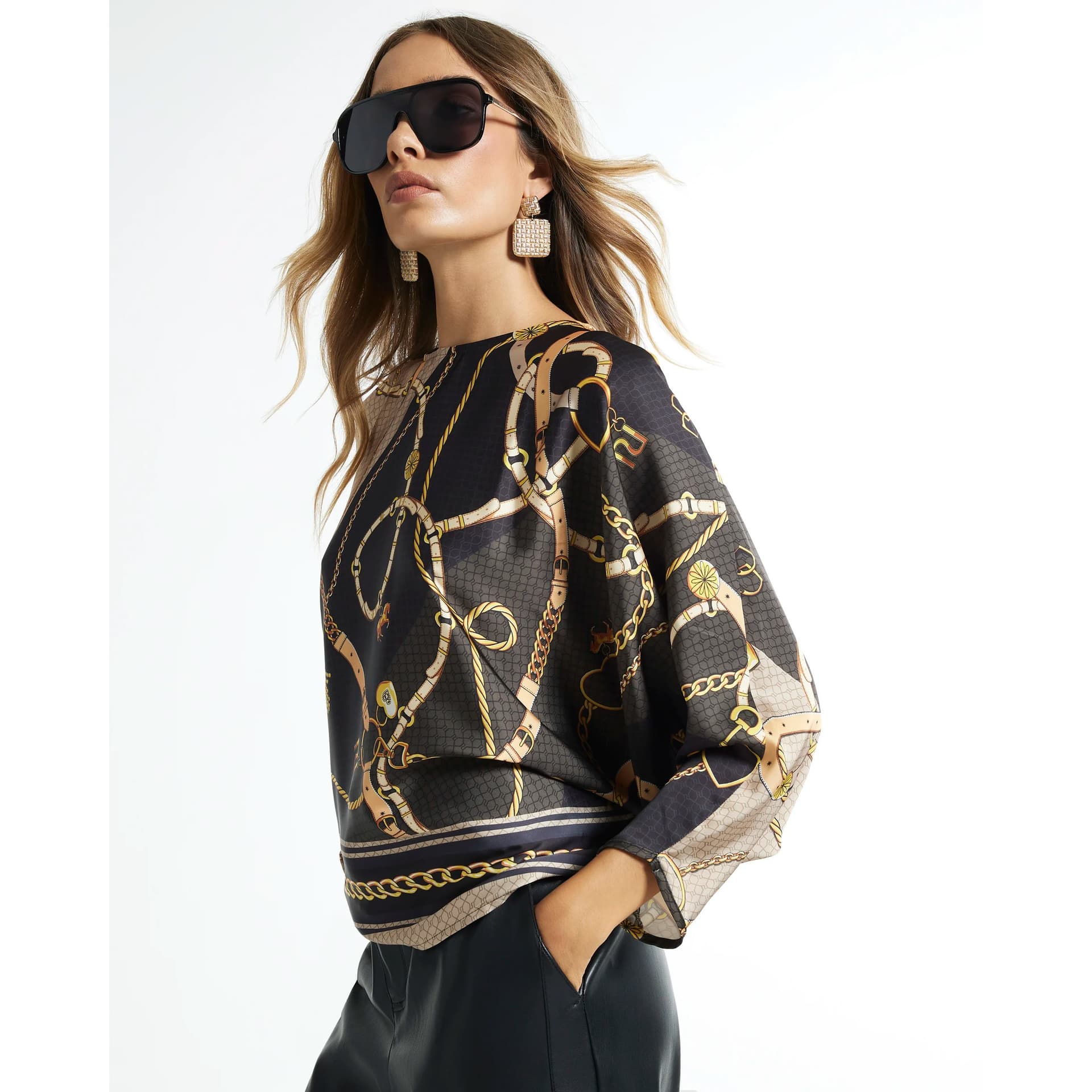 River Island River Island Womens Black Satin Chain Print Batwing Top