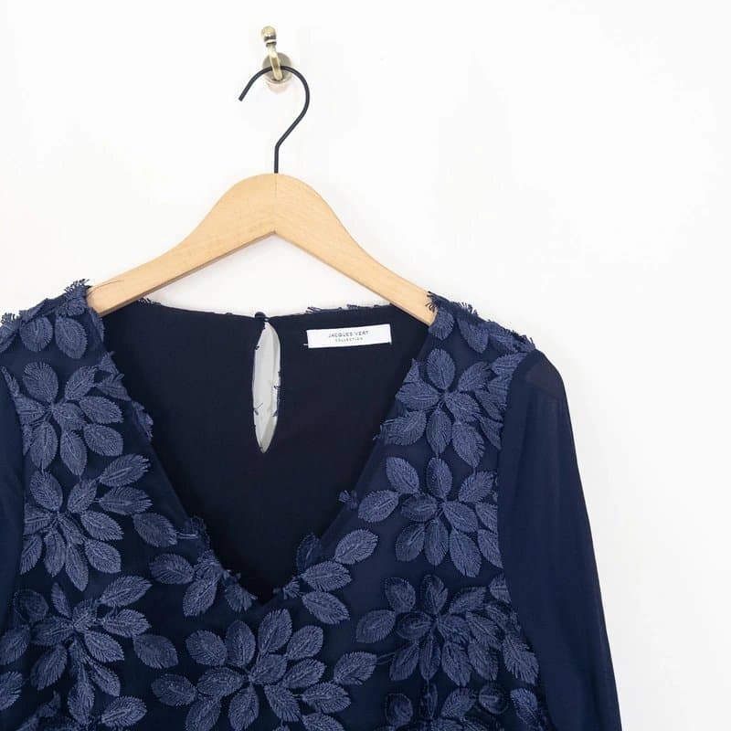 Jacques Vert Jacques Vert Navy Floral Applique Blouse Size 14 Wide Sleeve Chiffon Top