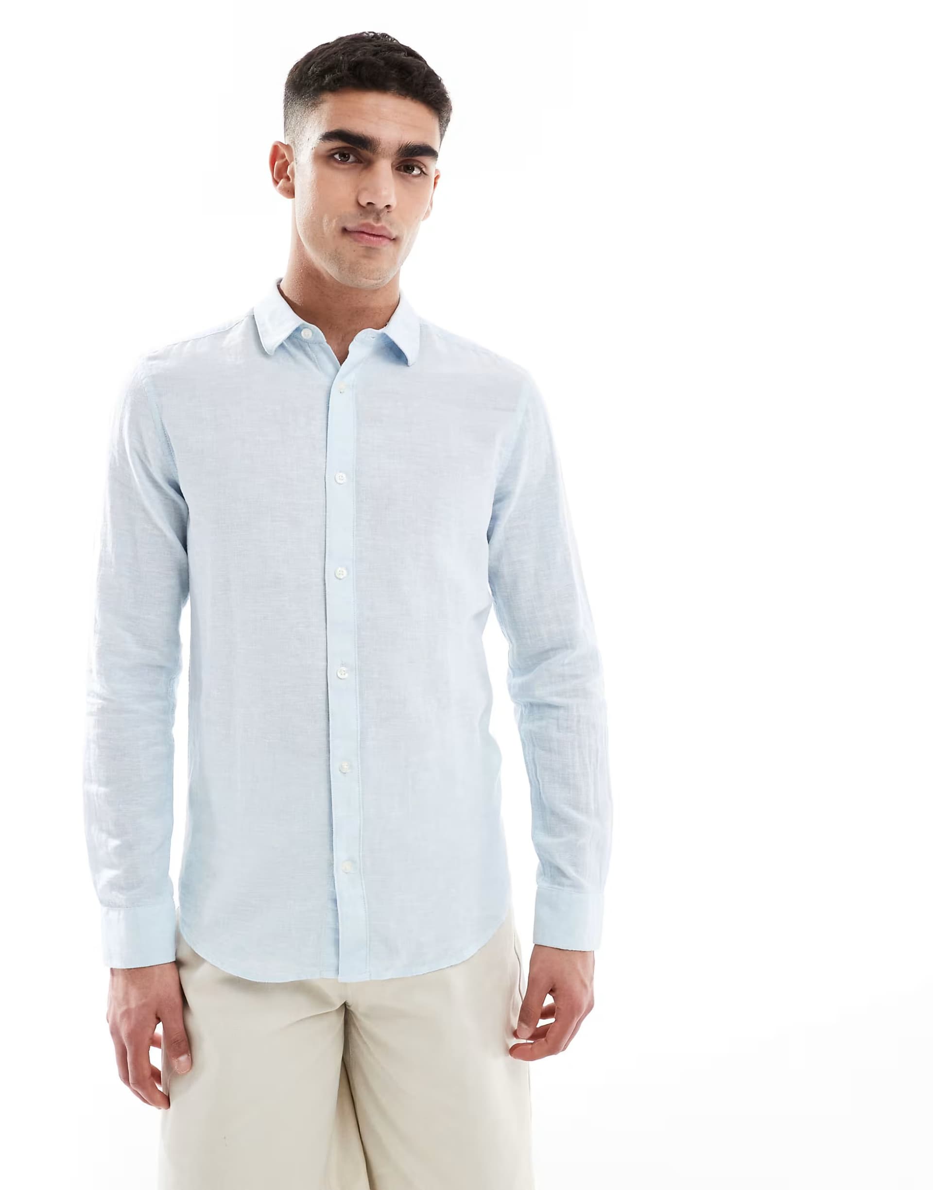 ASOS ONLY & SONS linen mix long sleeve shirt in light blue