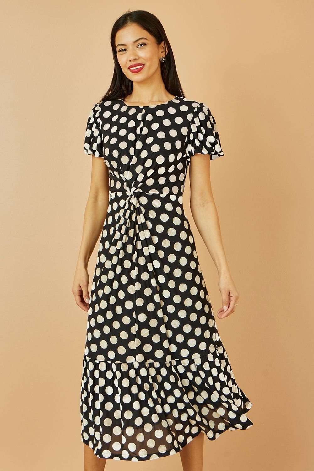 Yumi Yumi Women's Black Velvet Spot Print Twist Knot Waist Midi Dress - 1