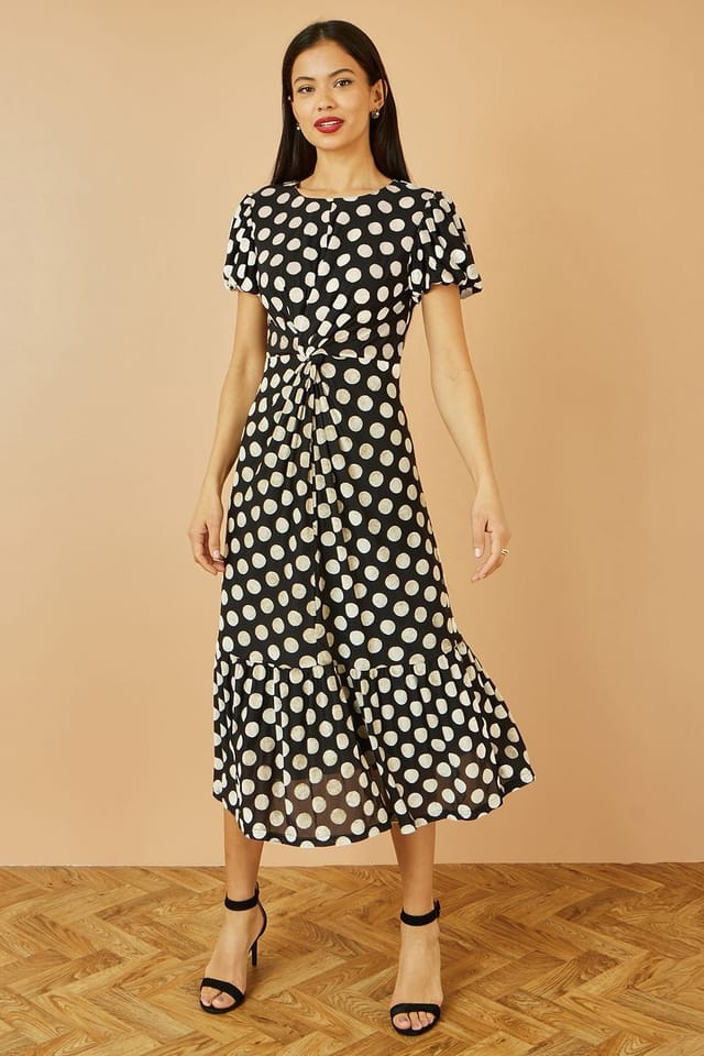 Yumi Yumi Women's Black Velvet Spot Print Twist Knot Waist Midi Dress - 2