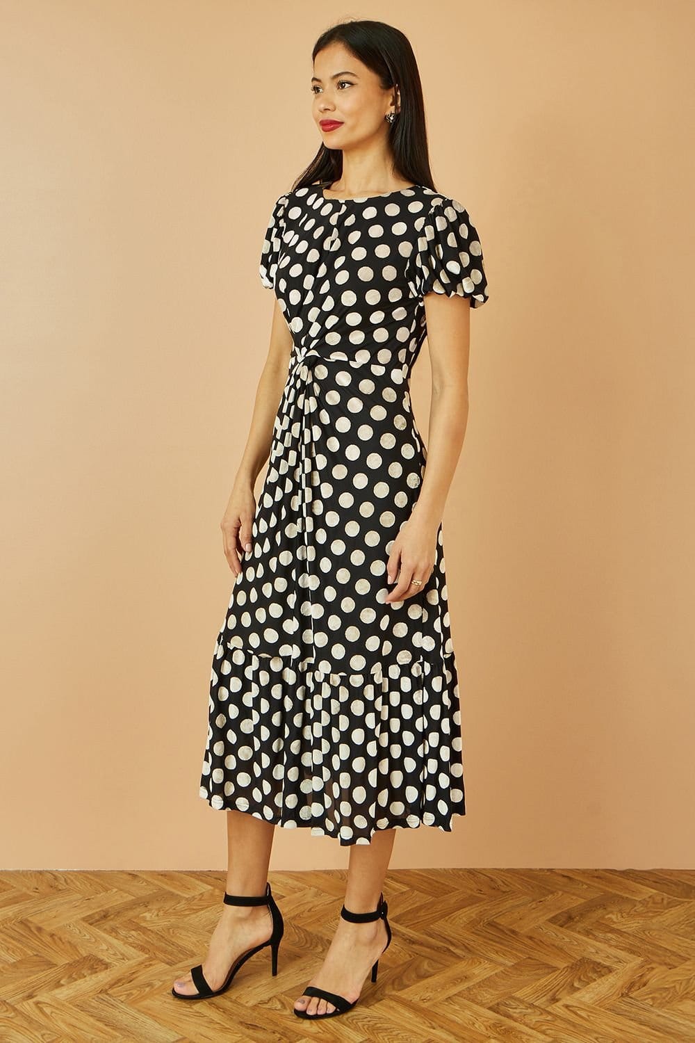 Yumi Yumi Women's Black Velvet Spot Print Twist Knot Waist Midi Dress - 4