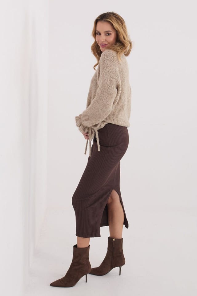 Love Lace Love Lace Women's Ribbed Cotton Elastane Knit Midi Skirt in Brown - 2