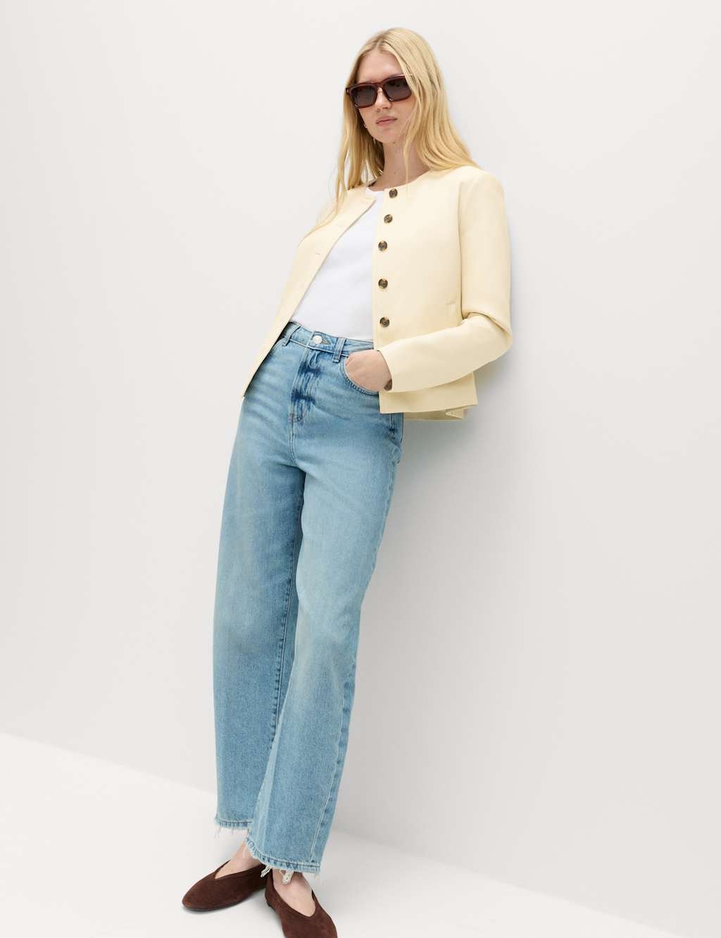 Marks & Spencer M&S Faux Leather Collarless Jacket Pale Yellow - 2