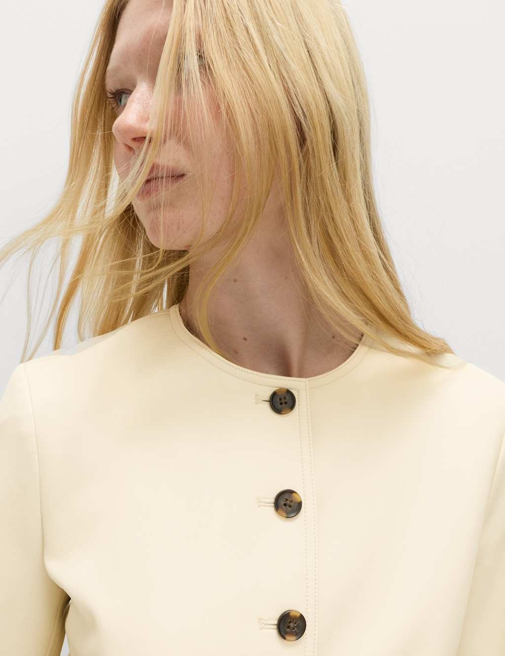 Marks & Spencer M&S Faux Leather Collarless Jacket Pale Yellow - 3