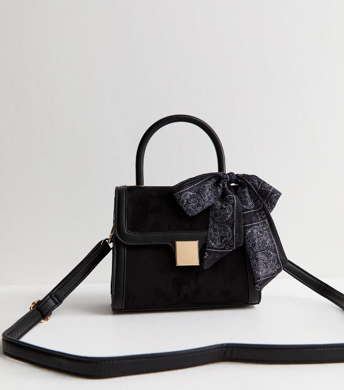 New Look Black Faux Suede Scarf Trim Top Handle Bag Vegan New Look