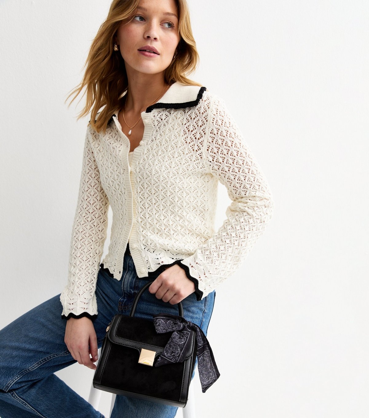 New Look Black Faux Suede Scarf Trim Top Handle Bag Vegan New Look - 2