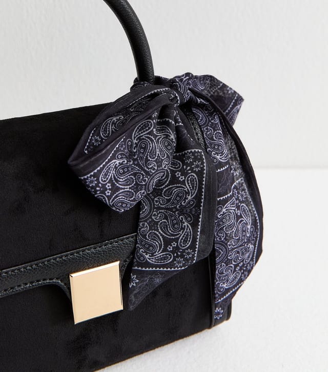 New Look Black Faux Suede Scarf Trim Top Handle Bag Vegan New Look - 3
