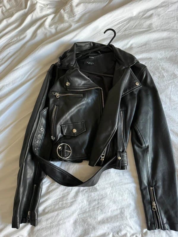 Bershka Bershka cropped faux leather jacket with belt detail