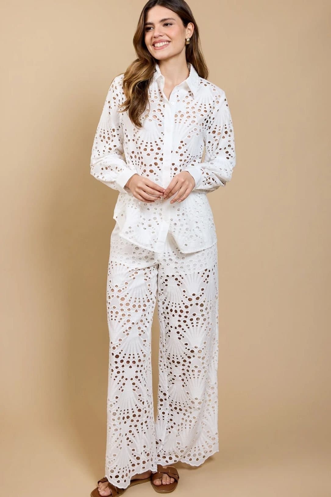 Little Mistress Little Mistress White Broderie Wide-Leg Trousers