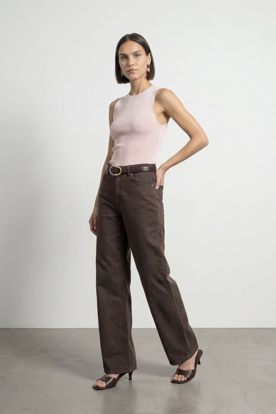 Dilvin Dilvin Women's High-Waist Wide-Leg Denim Jeans in Brown