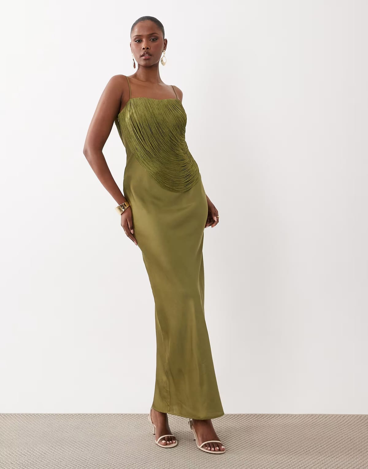 ASOS ASOS DESIGN drape fringe overlay bandeau maxi dress in olive green - 1