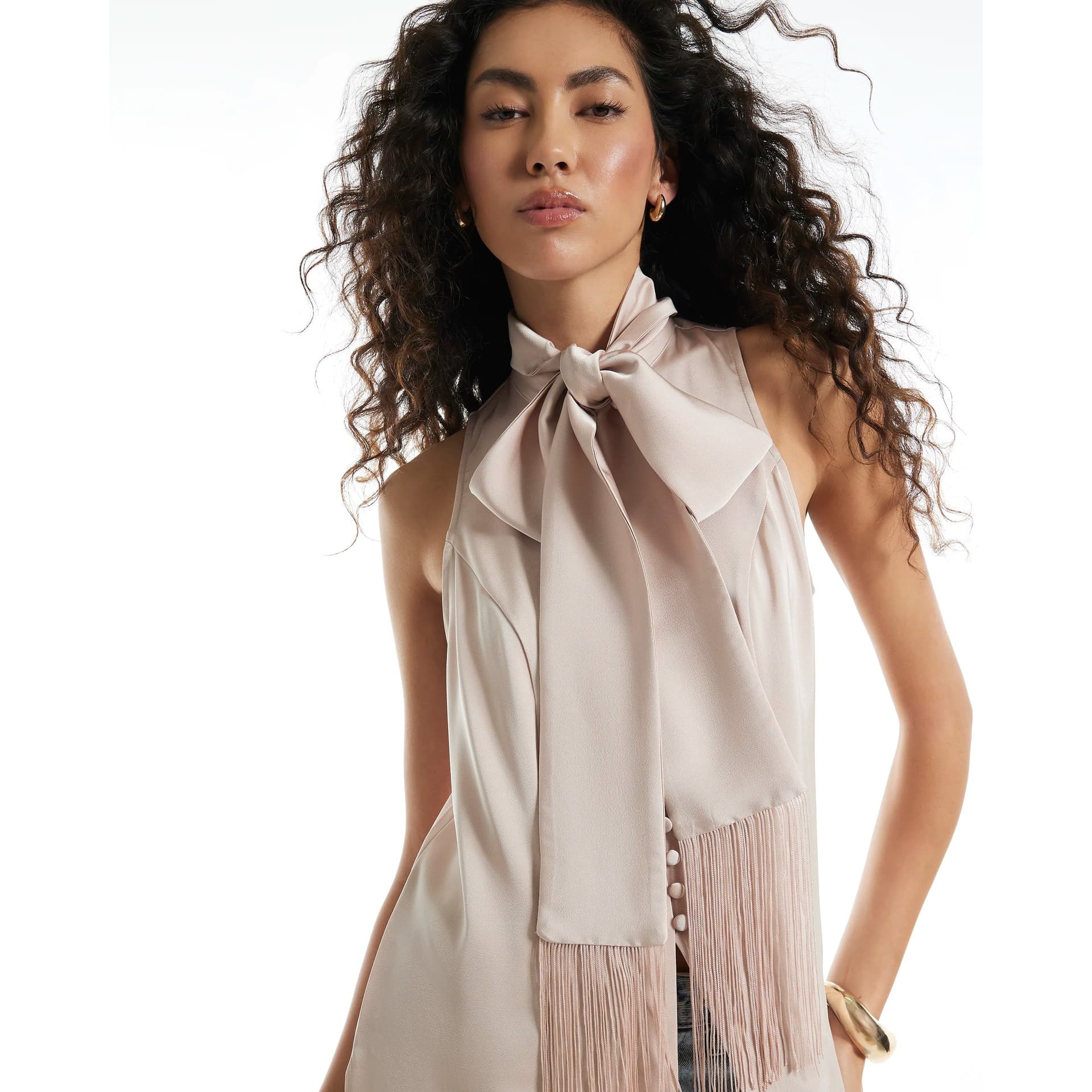 River Island River Island Womens Cream Satin Waistcoat With Fringe Sash
