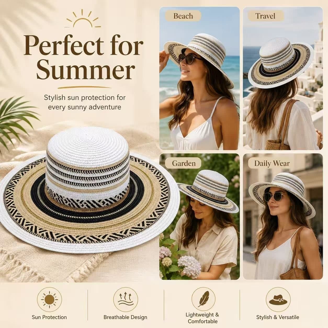 BluCore BluCore Women's White Woven Wide Brim Summer Hat