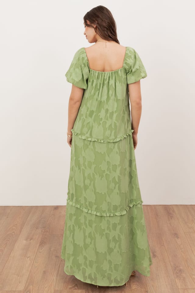 Anaya with Love Anaya with Love Women's Floral burnout Short Sleeve Tiered Maxi Dress in Green - 2