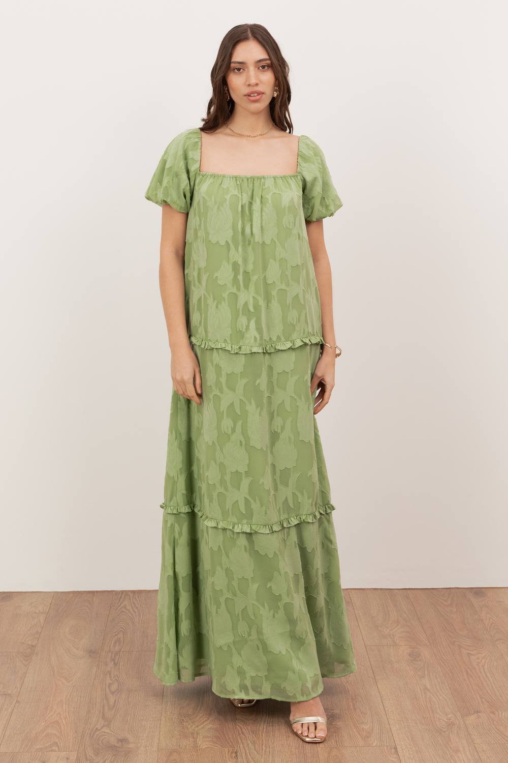 Anaya with Love Anaya with Love Women's Floral burnout Short Sleeve Tiered Maxi Dress in Green - 3