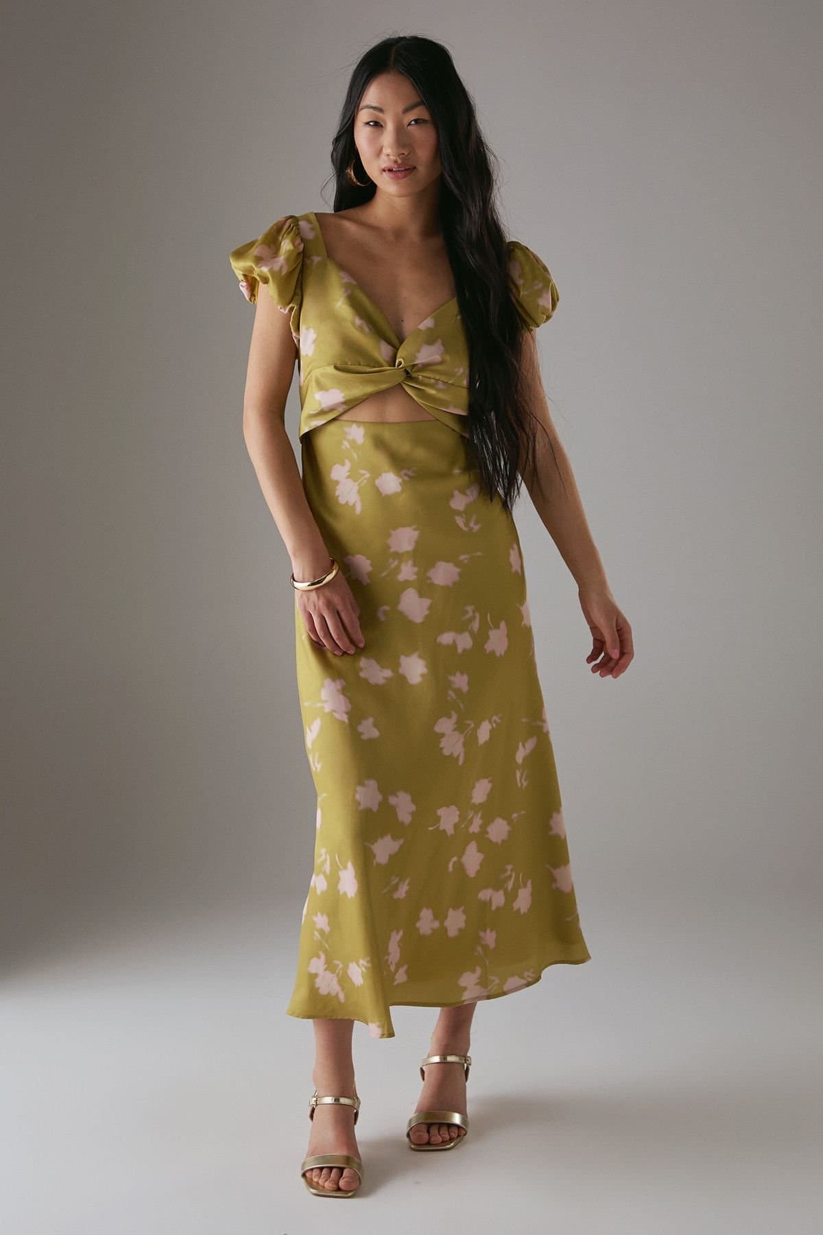 Warehouse Warehouse Women's Petite Satin Knot Front Cut Out Midi Dress in Olive