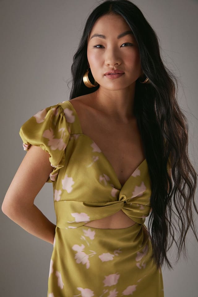 Warehouse Warehouse Women's Petite Satin Knot Front Cut Out Midi Dress in Olive - 2